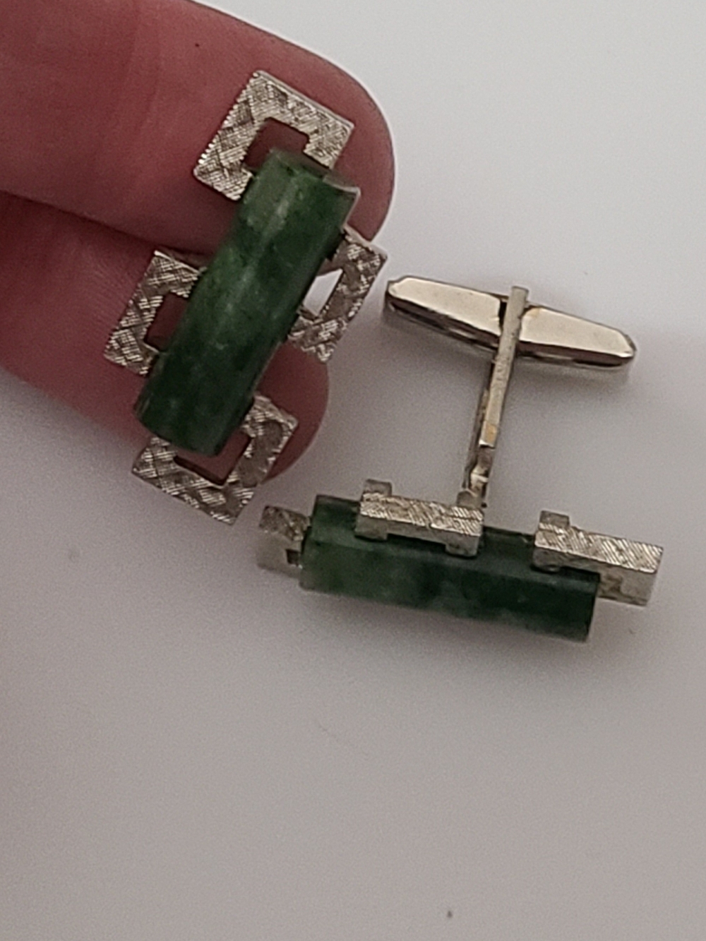 Vintage Sterling Jade Cylinder Cuff Links Geometric Mens Asian Burmese Jadeite